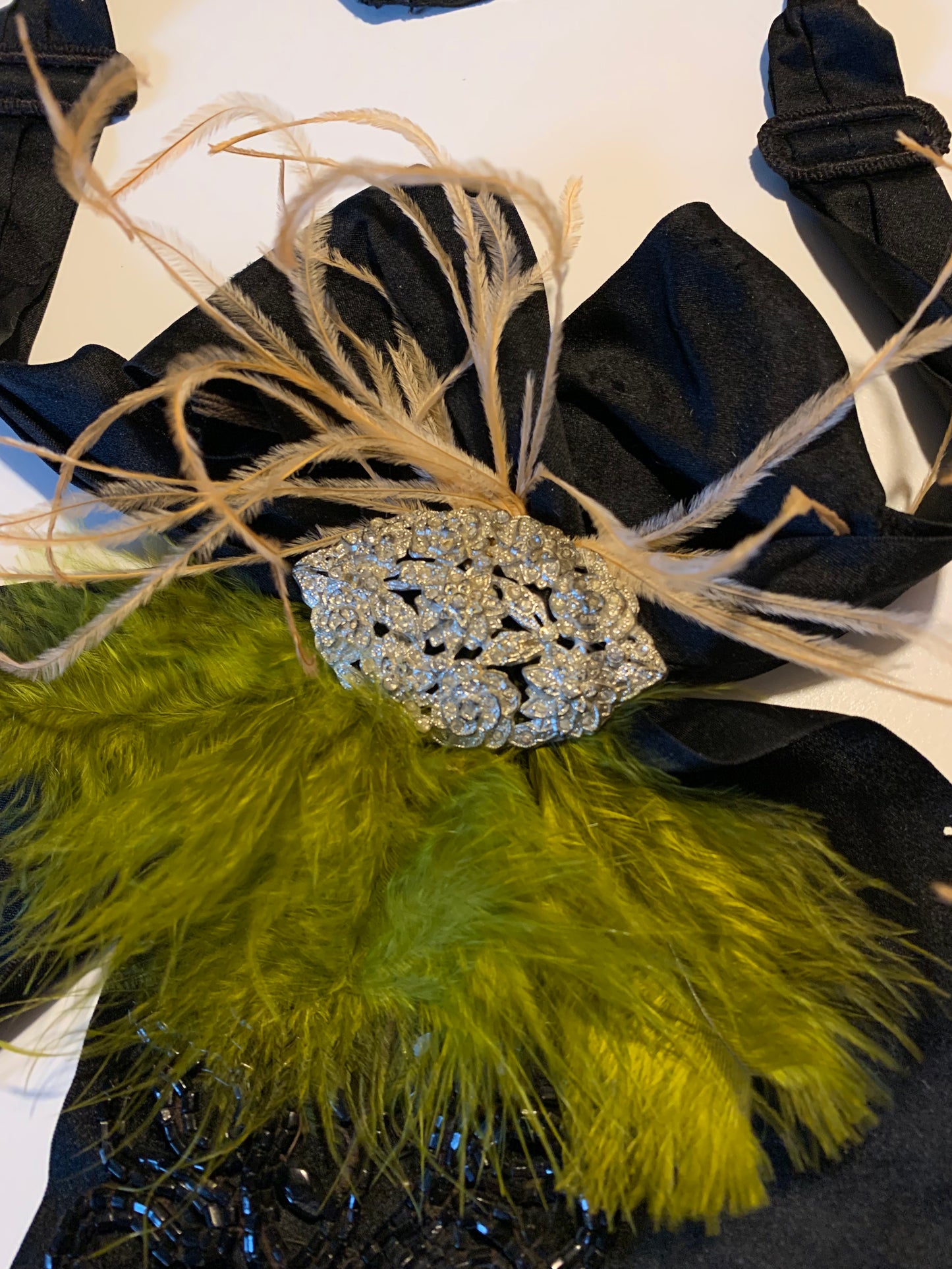 La Fée Verte Victorian Silk Neckpiece with Jet Beading Rhinestones and Feathers
