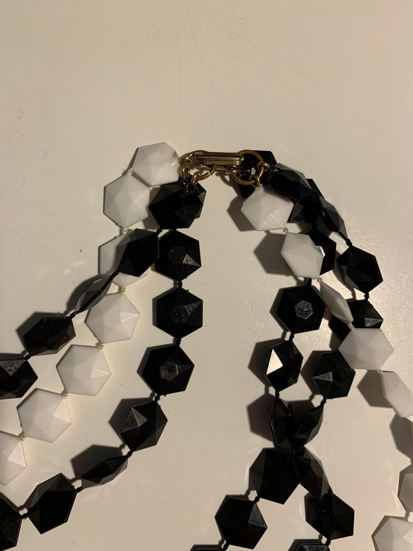 Multistrand Black and White Plastic Geometric Bead Necklace circa 1960s