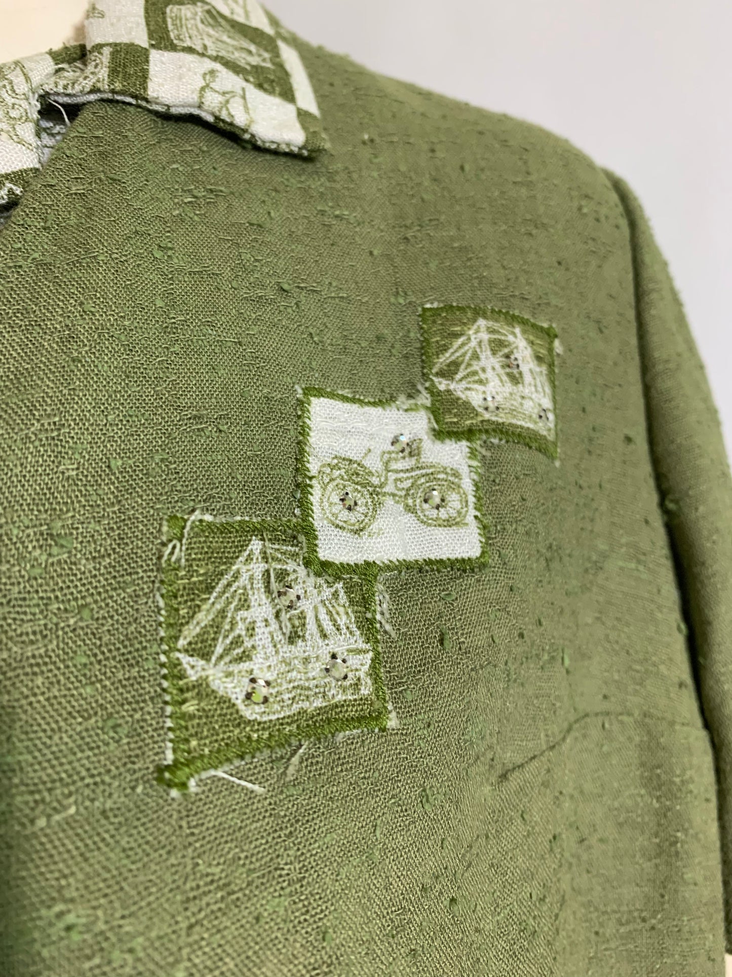 Sage Green Colonial Print Blouse, Jacket and Skirt Dress Set circa 1960s