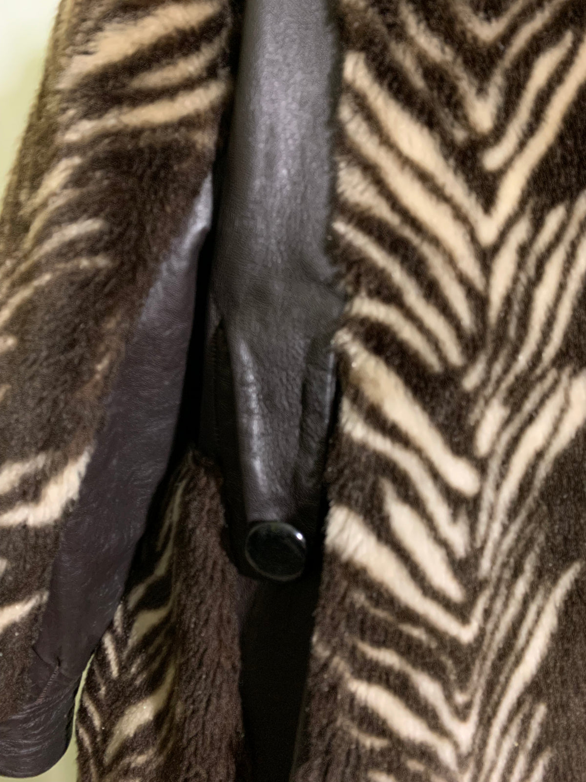 Funky Deep Brown Zebra Stripe Faux Fur Coat Pleather Accents circa 1970s
