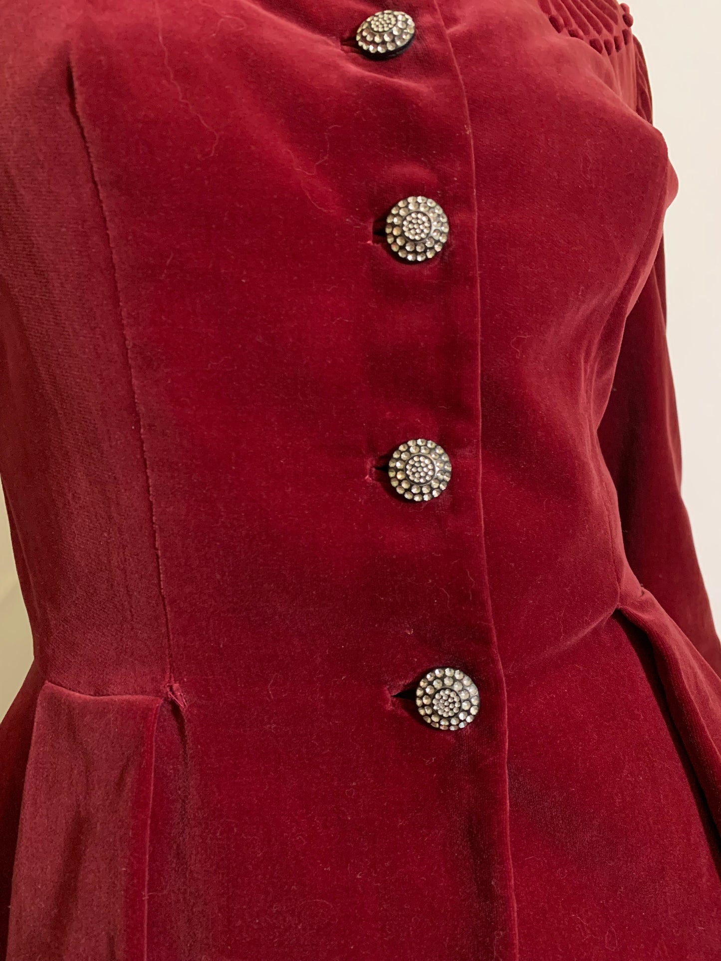 Plum Red Velvet Nipped Waist Suit with Trapunto Detailed Shoulders circa 1940s