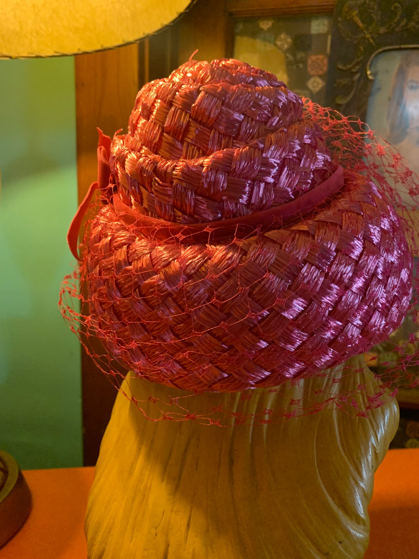 Shocking Pink Spiraled Tiered Hat with Veiling circa 1960s