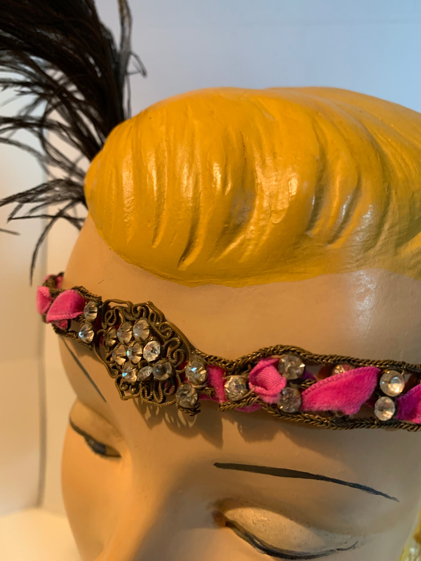 Rhinestone and Faux Pearl Metal Headpiece or Necklace Pink Ribbon