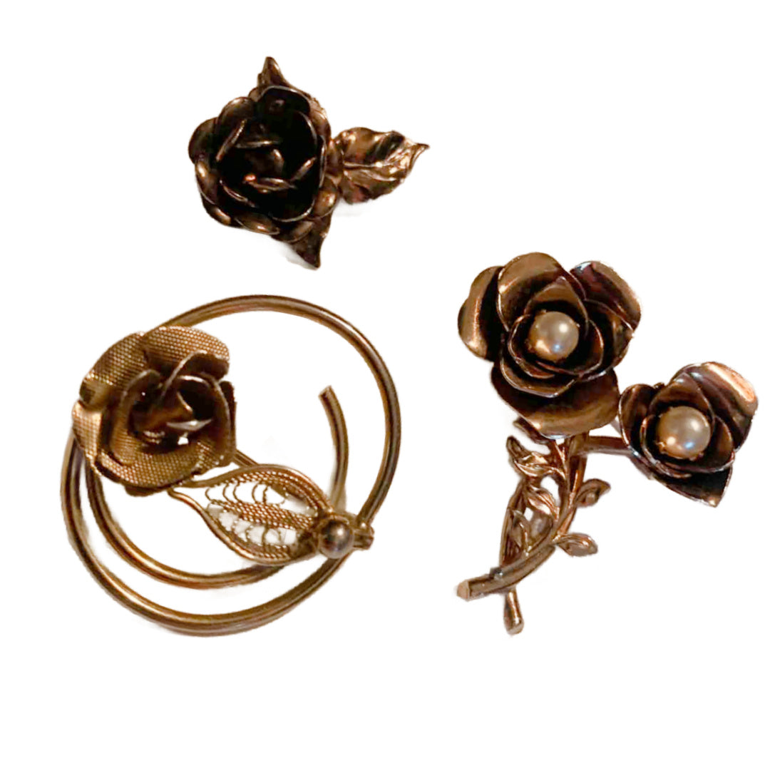 Lot 3 Rose Themed Metal Brooches circa 1970s
