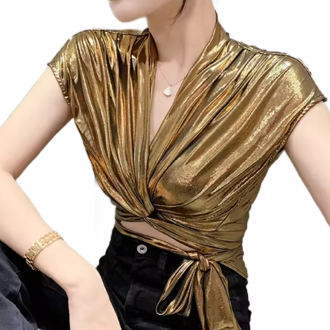 Maura- the Metallic Surplice Bodice Blouse with Waist Wrap