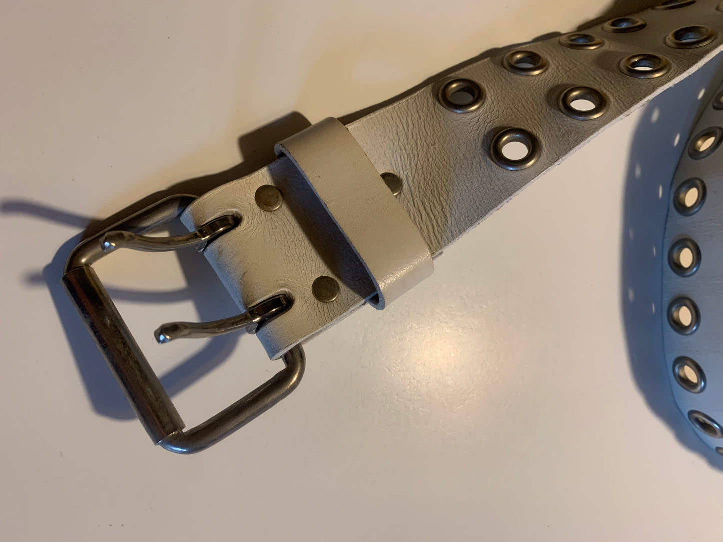 Rock n' Roll White Leather Belt with Grommets circa 1970s