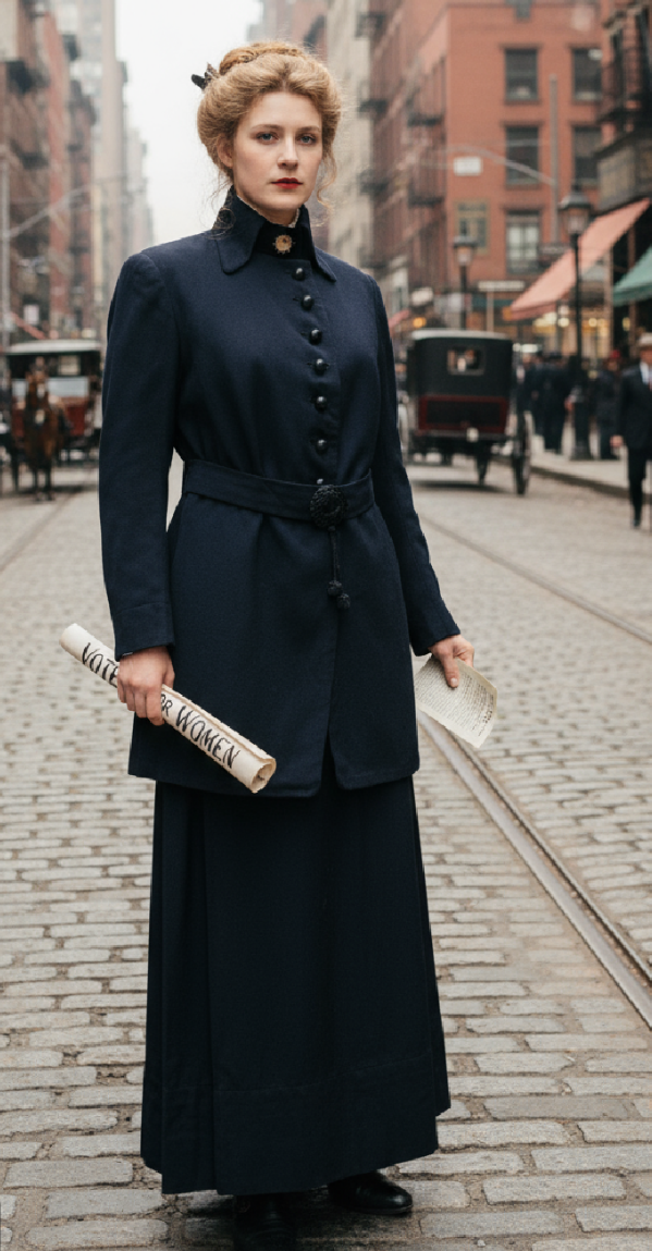 Votes for Women! Deep Blue Wool 2 Pc Walking Suit Dress with Velvet and Silk Accents circa 1910s