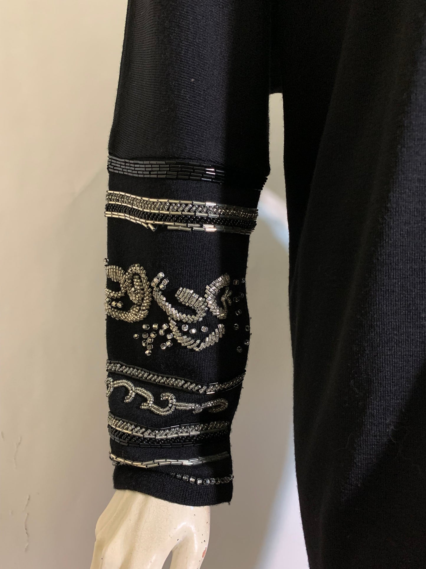Black Knit Wedge Style Dress with Beaded Cuffs circa 1990s