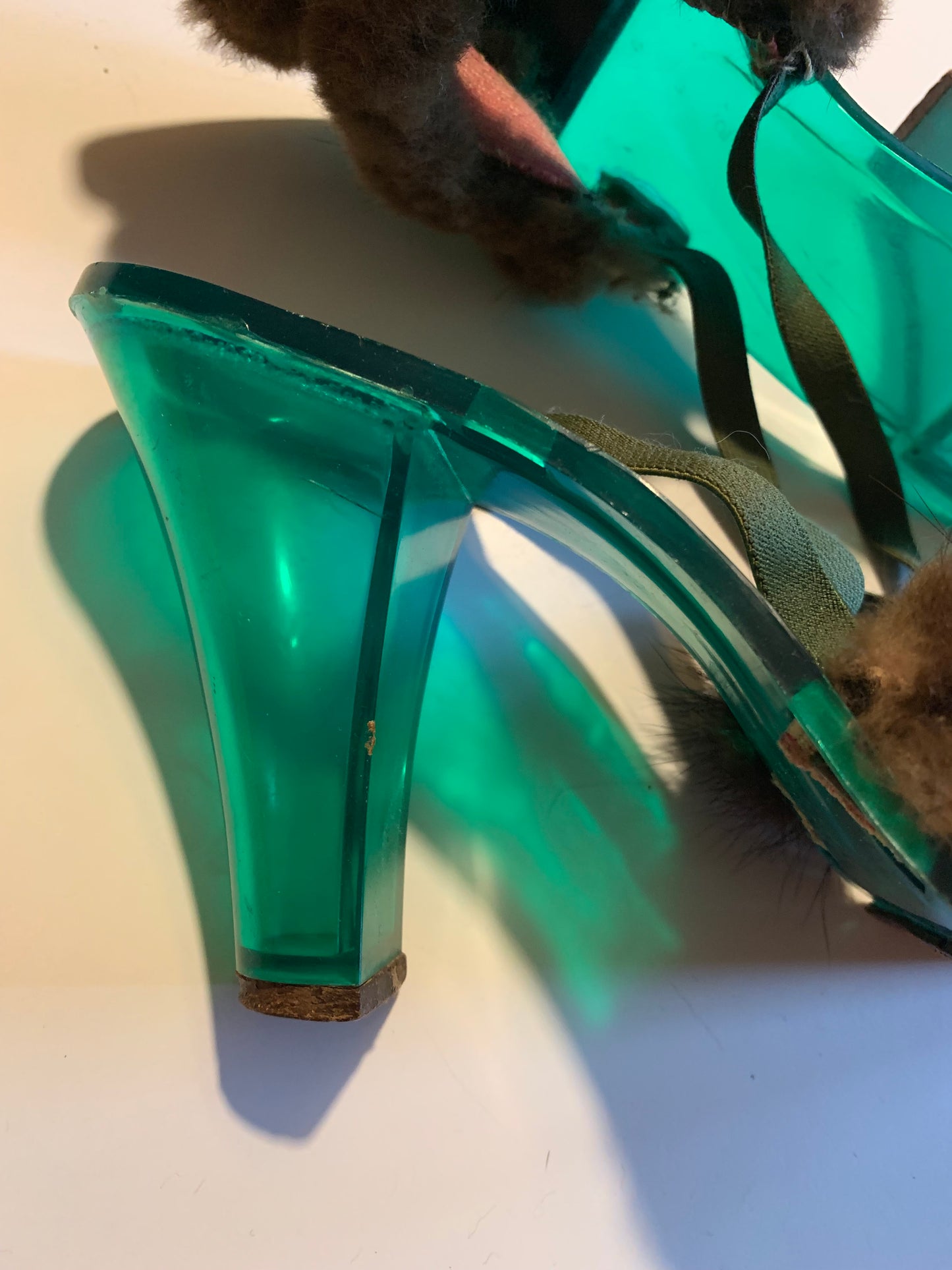 Iconic Green Lucite and Mink High Heel Shoes circa 1950s 6.5