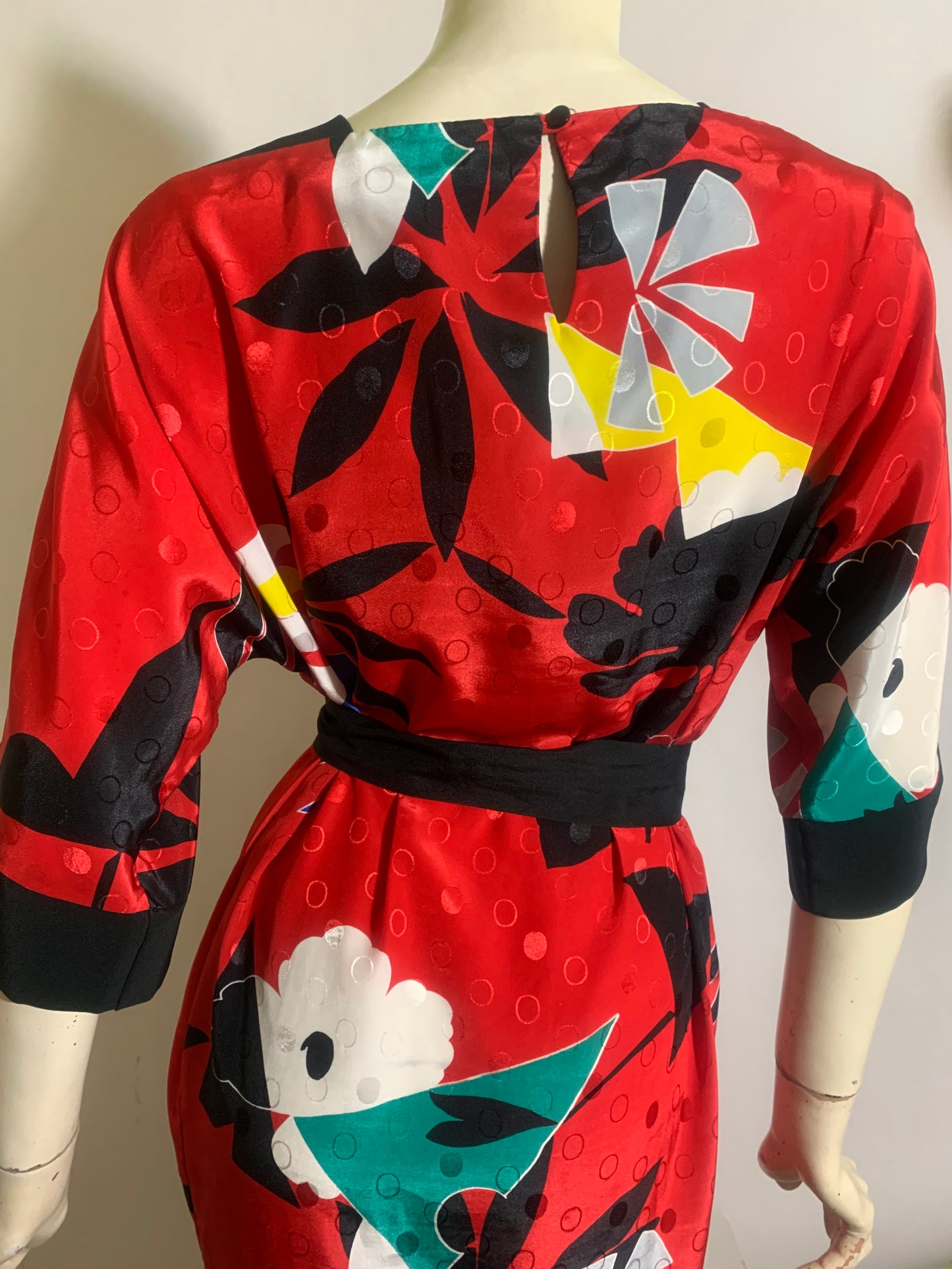 RESERVED Bold Floral Print Red Dress with Sash circa 1980s