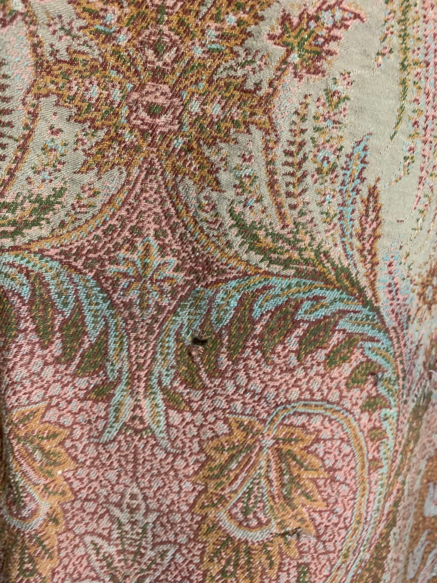 Turn of the Century Sage Green and Terra Cotta Paisley Brocade Wool Shawl circa 1900