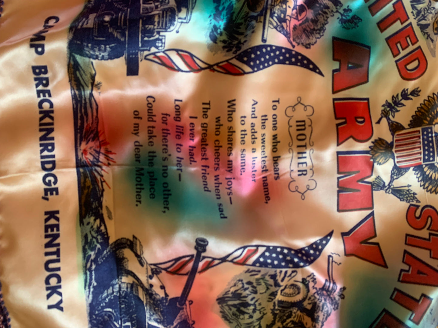 WWII US Army Pink Fringed Pillow Case Poem for Mother circa 1940s