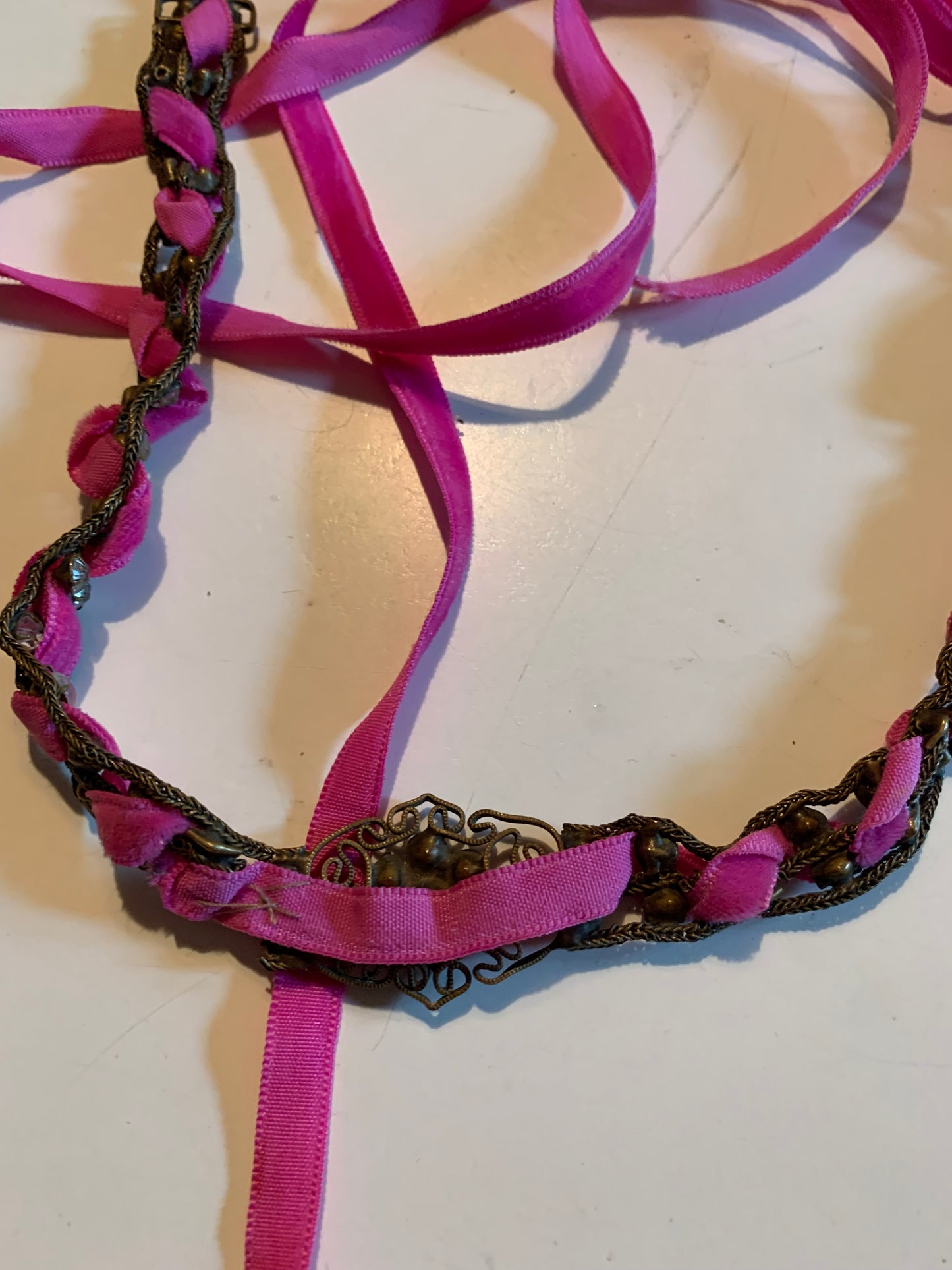 Rhinestone and Faux Pearl Metal Headpiece or Necklace Pink Ribbon