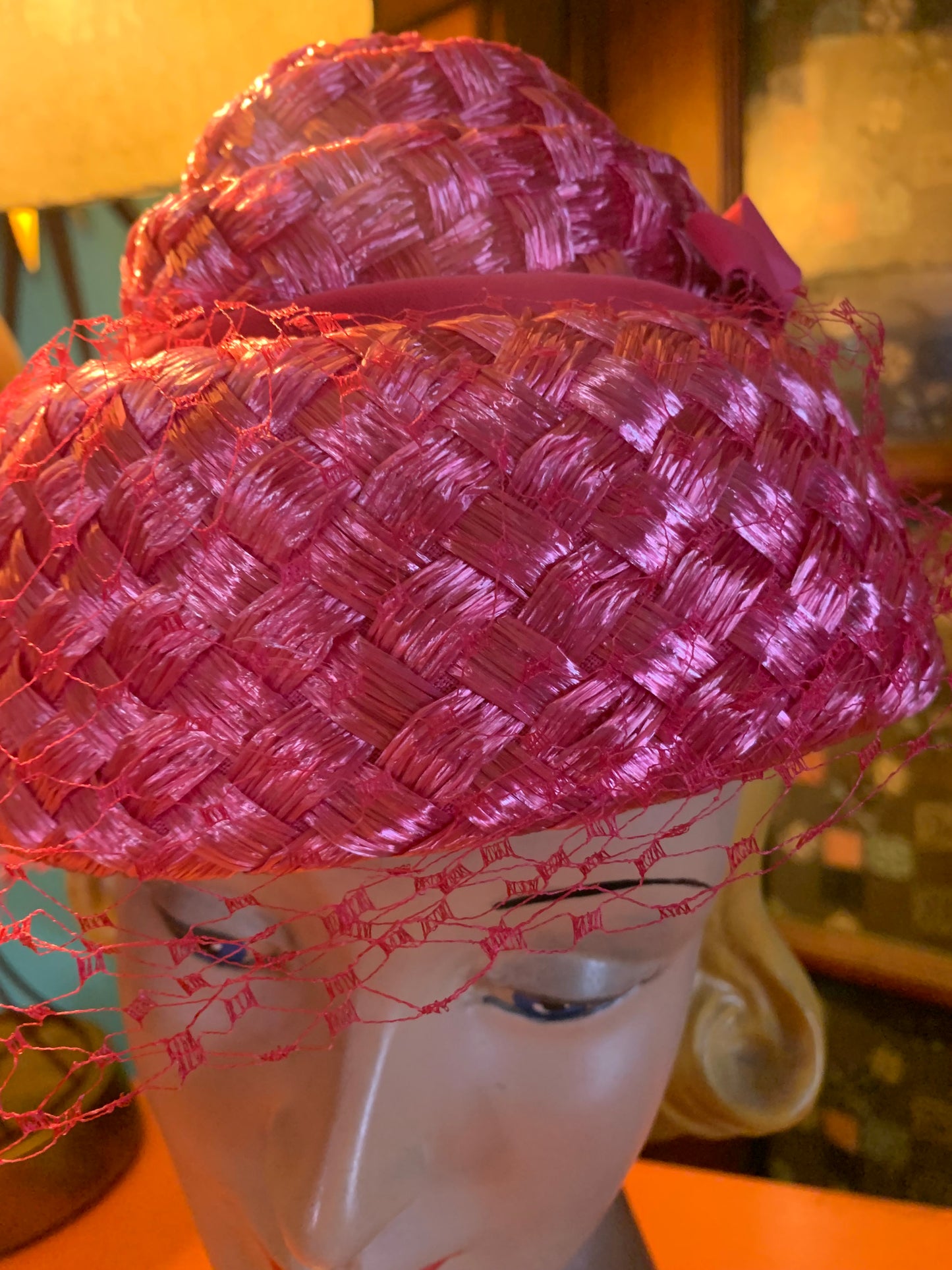 Shocking Pink Spiraled Tiered Hat with Veiling circa 1960s