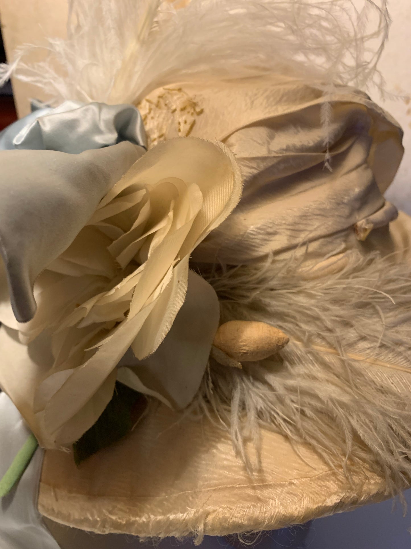 The Bride Reimagined Edwardian Silk Hat and Flowers with Antique Hanky, Pale Blue Ribbon and Feathers