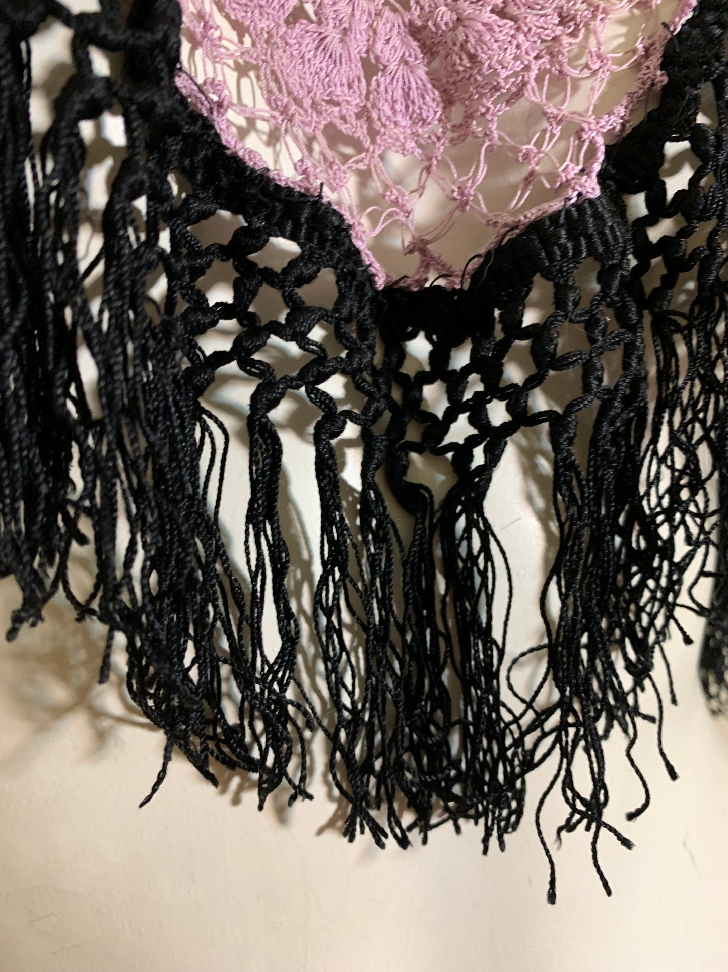 French Lavender Antique Lace Top Reimagined Black Victorian Fringed Metallic Ribbon and Feather