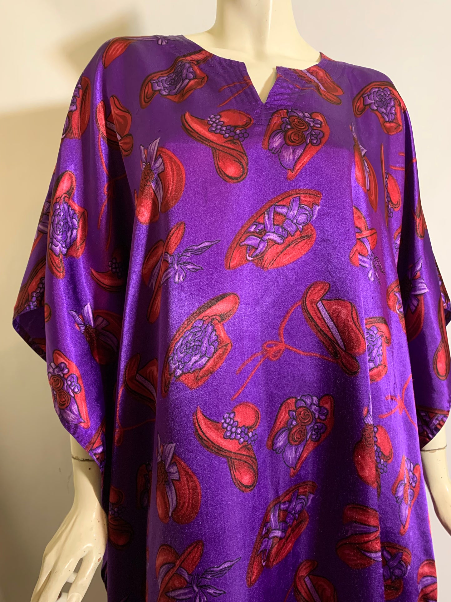 Red Hat Lady Print Satin Finish Caftan  circa 1990s