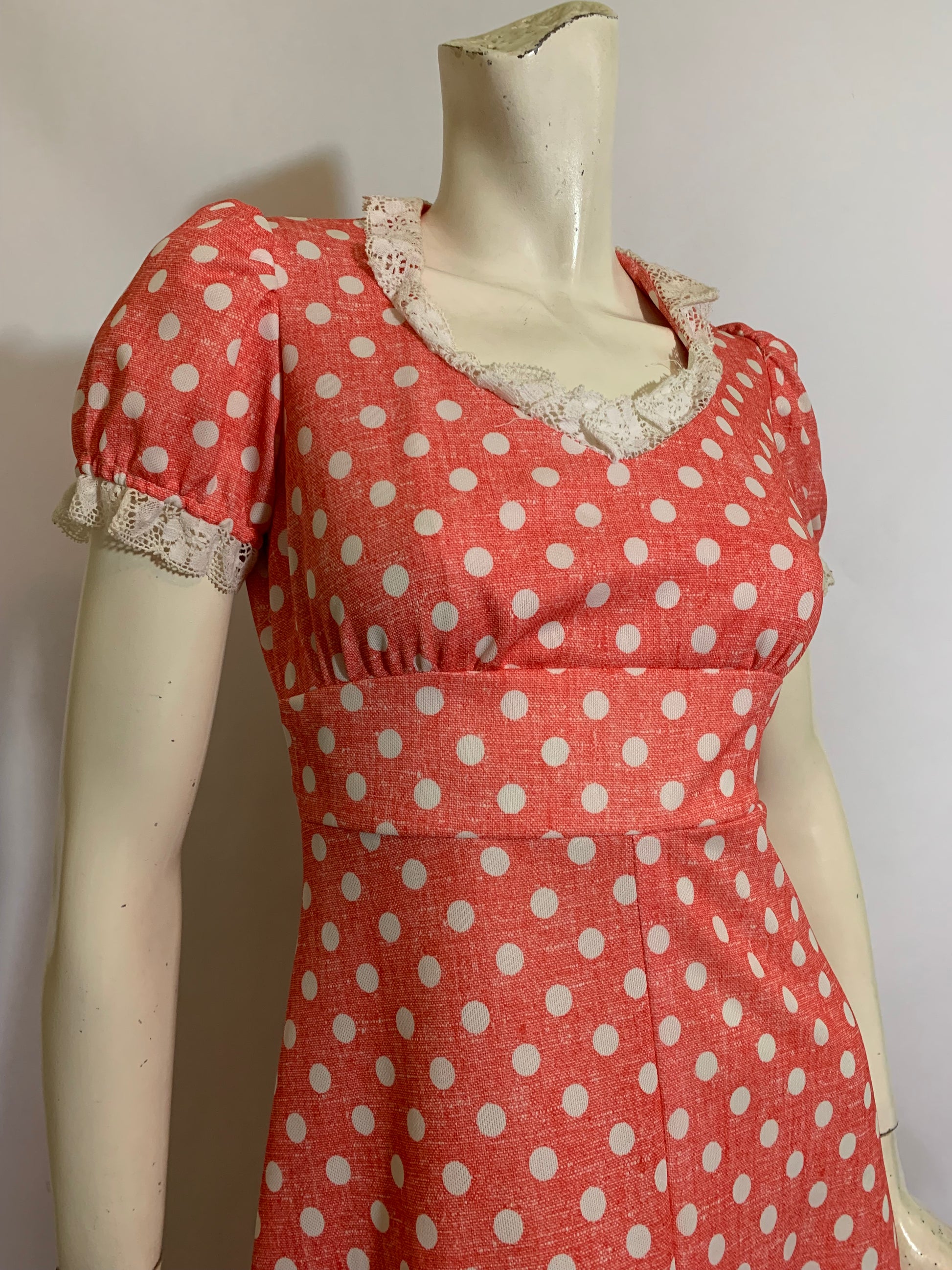 Pink and White Empire Waist Puff Sleeved Polka Dot Maxi Dress circa 1970s Pink and White Empire Waist Puff Sleeved Polka Dot Maxi Dress circa 1970s
