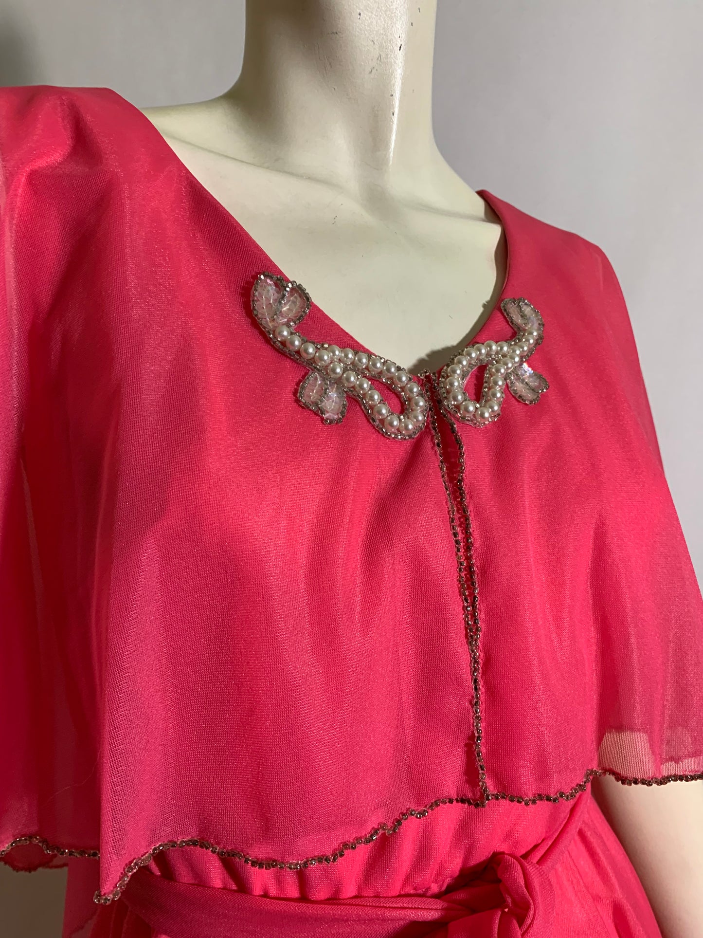 Shocking Pink Chiffon Caped Maxi Dress circa 1970s