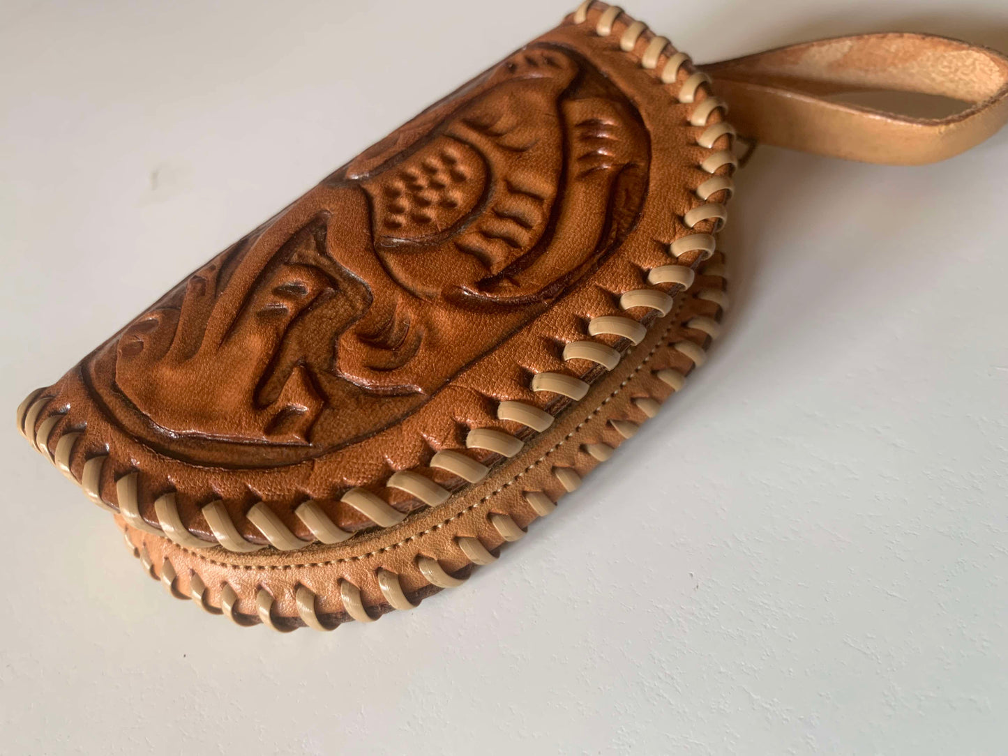 Mexican Tooled Leather Zippered Coin Purse circa 1950s