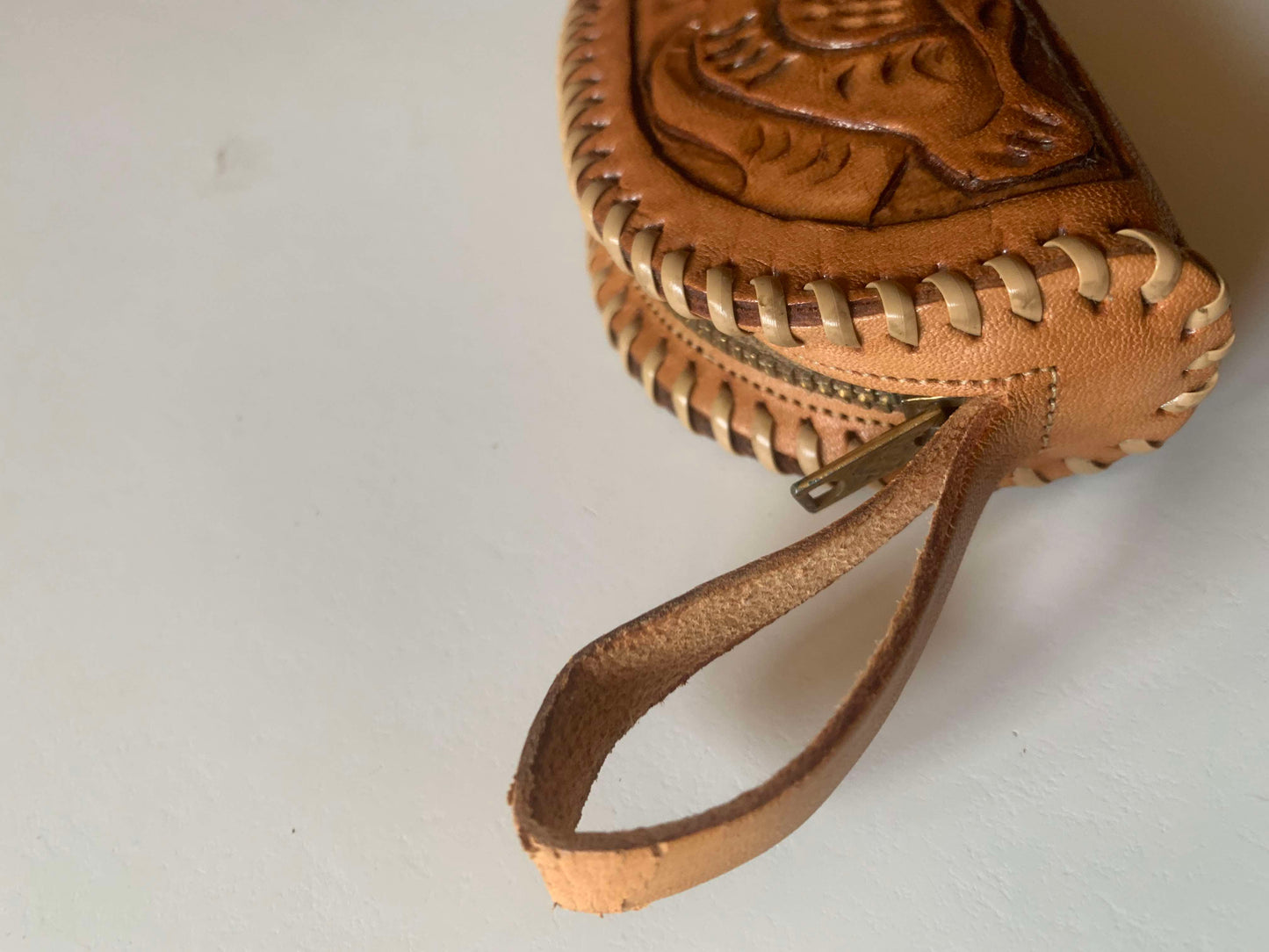 Mexican Tooled Leather Zippered Coin Purse circa 1950s