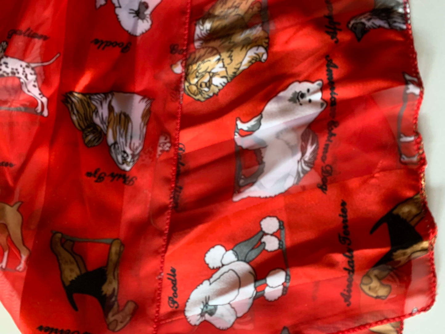 Bright Red Oblong Scarf with Dog Breed Novelty Print circa 1990s