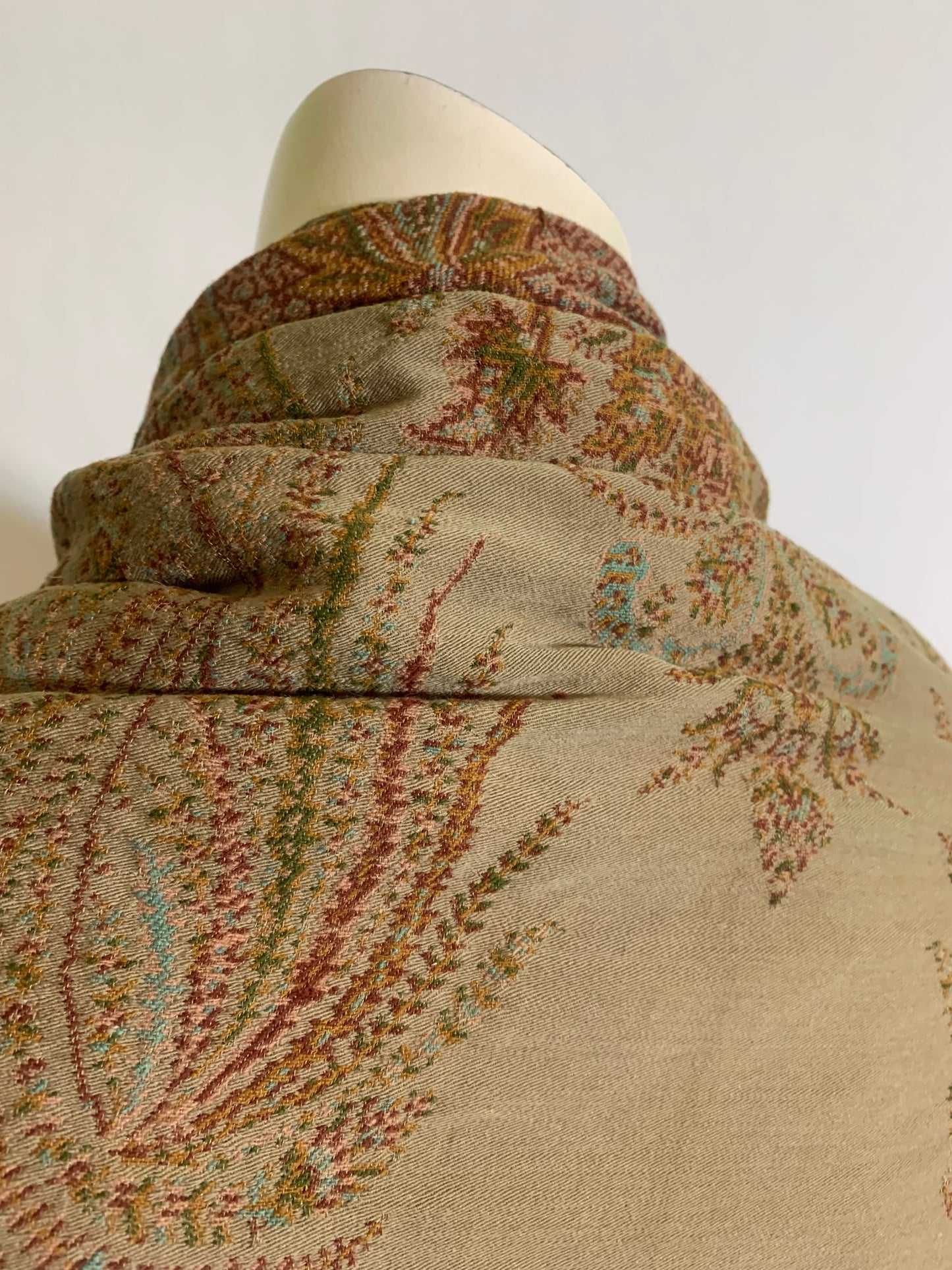 Turn of the Century Sage Green and Terra Cotta Paisley Brocade Wool Shawl circa 1900