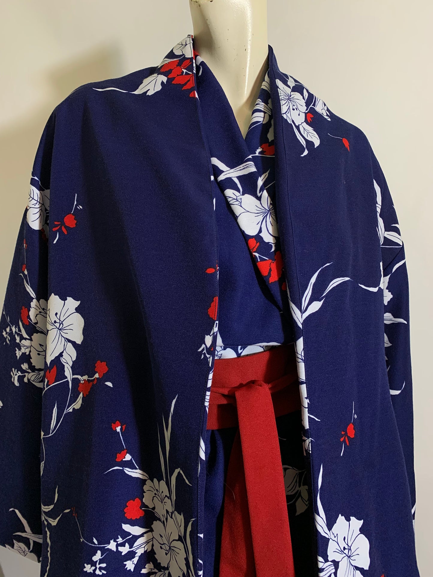 Red and White Hibiscus Print Blue Maxi Dress and Jacket Uniform American Airlines circa 1970s