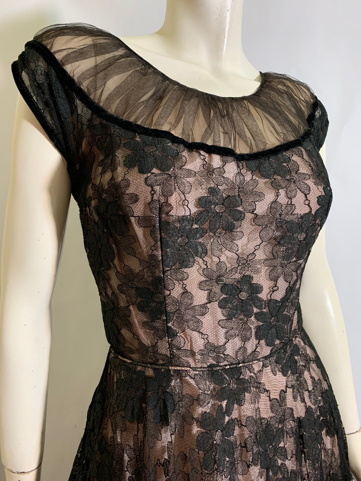 Lingerie Inspired Black and Pink Chiffon Lace Party Dress by Emma Domb circa 1950s