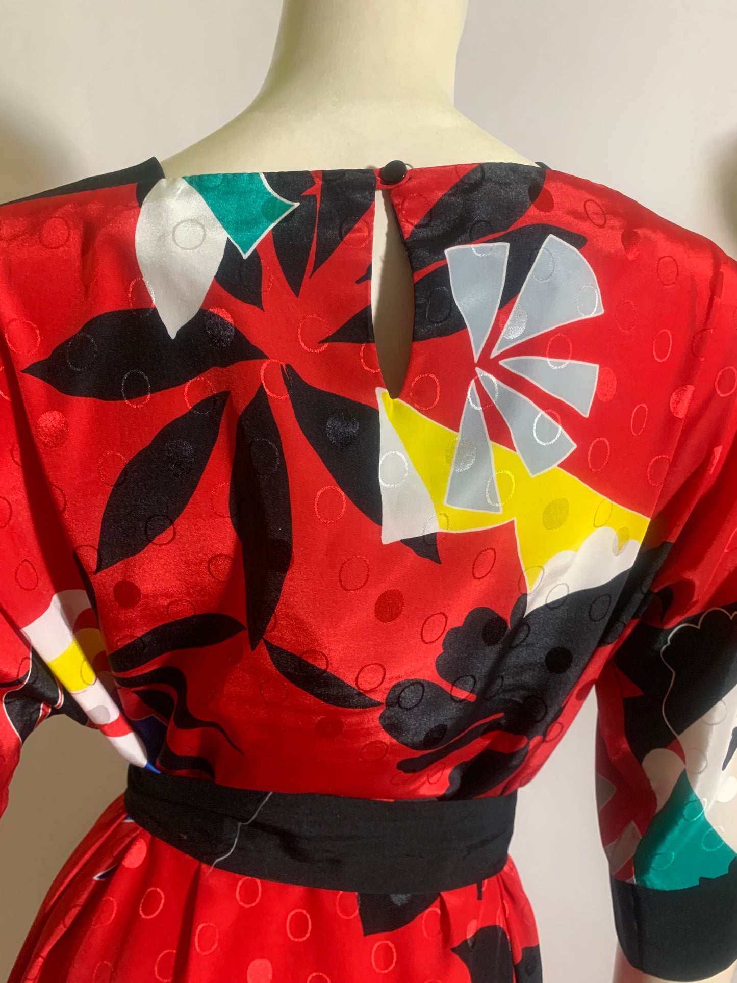 RESERVED Bold Floral Print Red Dress with Sash circa 1980s