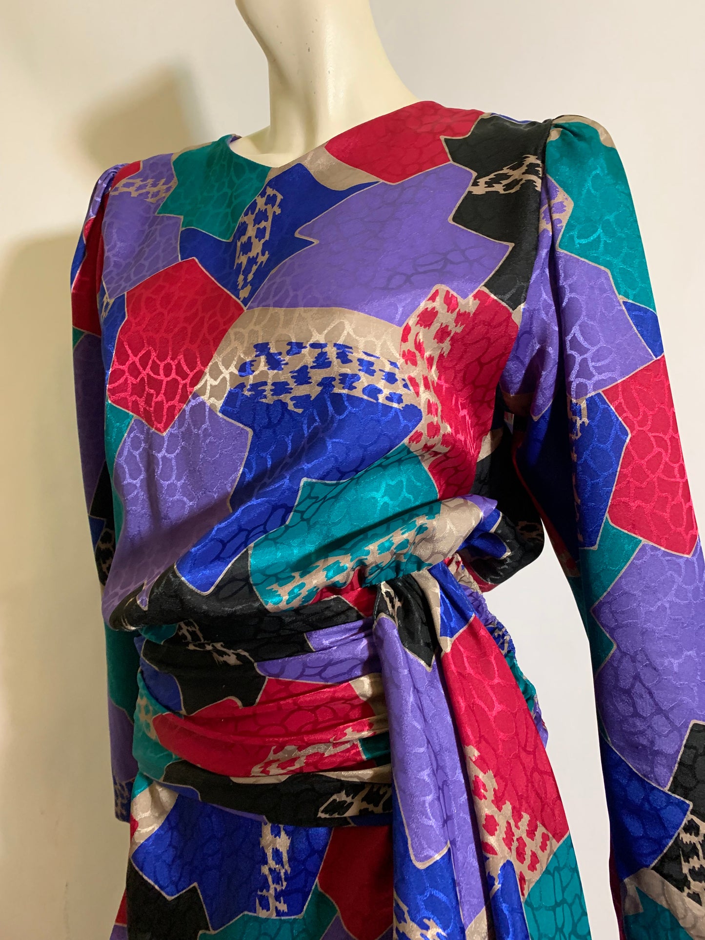 Black and Bright Colors Abstract Print Blouson Bodice Dress  circa 1980s