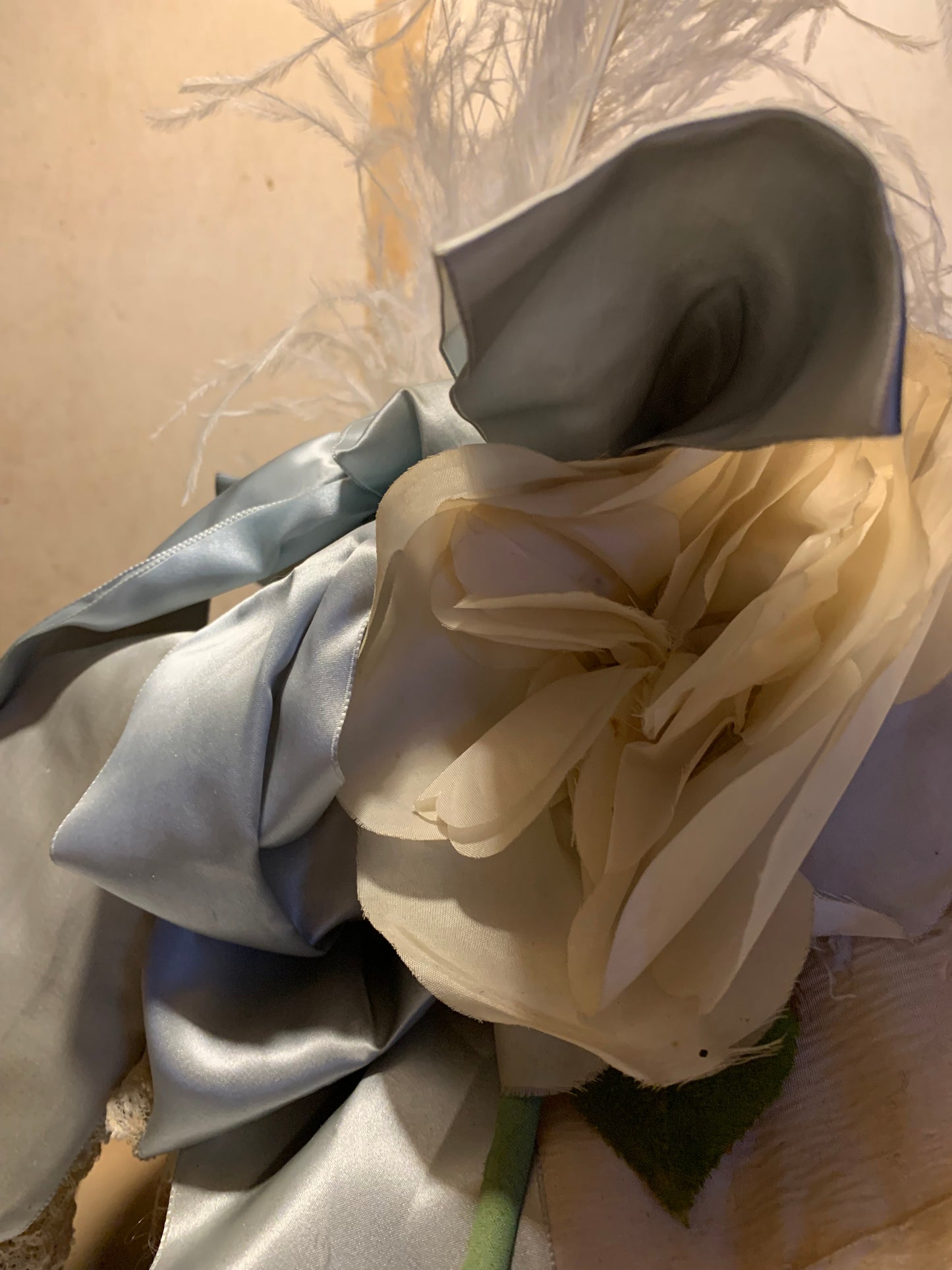 The Bride Reimagined Edwardian Silk Hat and Flowers with Antique Hanky, Pale Blue Ribbon and Feathers