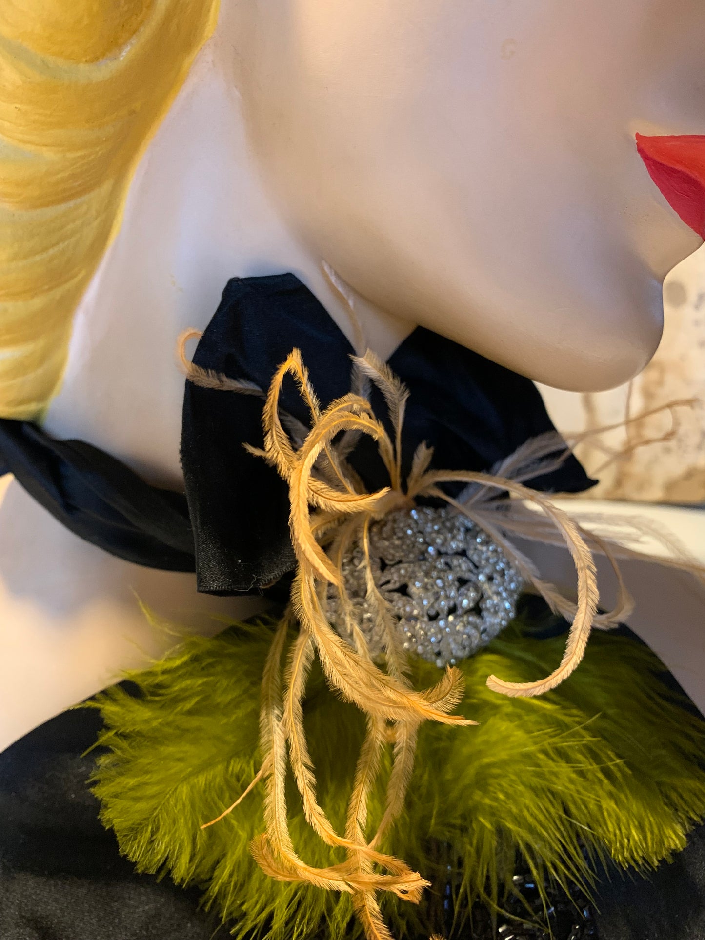 La Fée Verte Victorian Silk Neckpiece with Jet Beading Rhinestones and Feathers