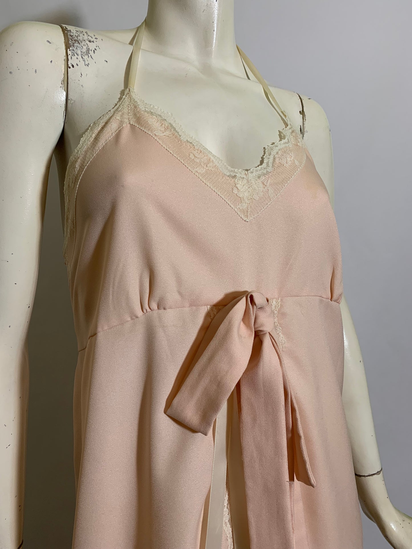 Demure Pale Peach Crepe Poly Halter Dress with Lace Trim circa 1970s