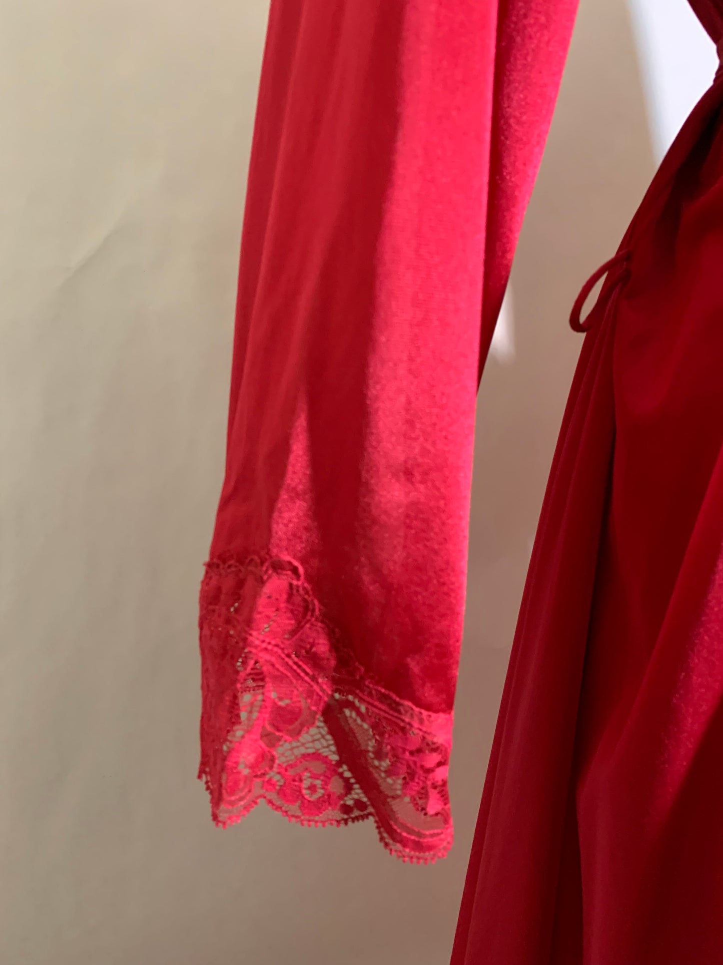 Lipstick Red Nylon Glamorous Robe with Lace Trim circa 1980s
