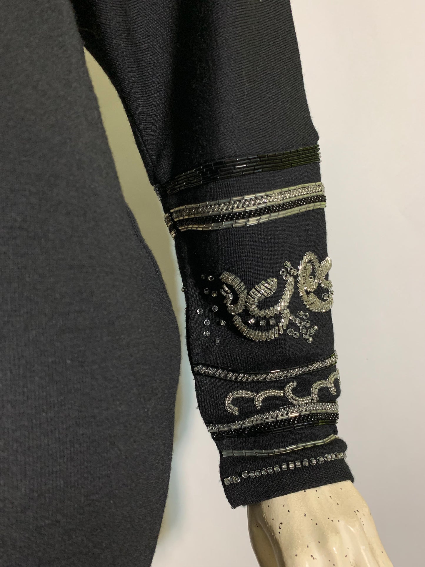 Black Knit Wedge Style Dress with Beaded Cuffs circa 1990s