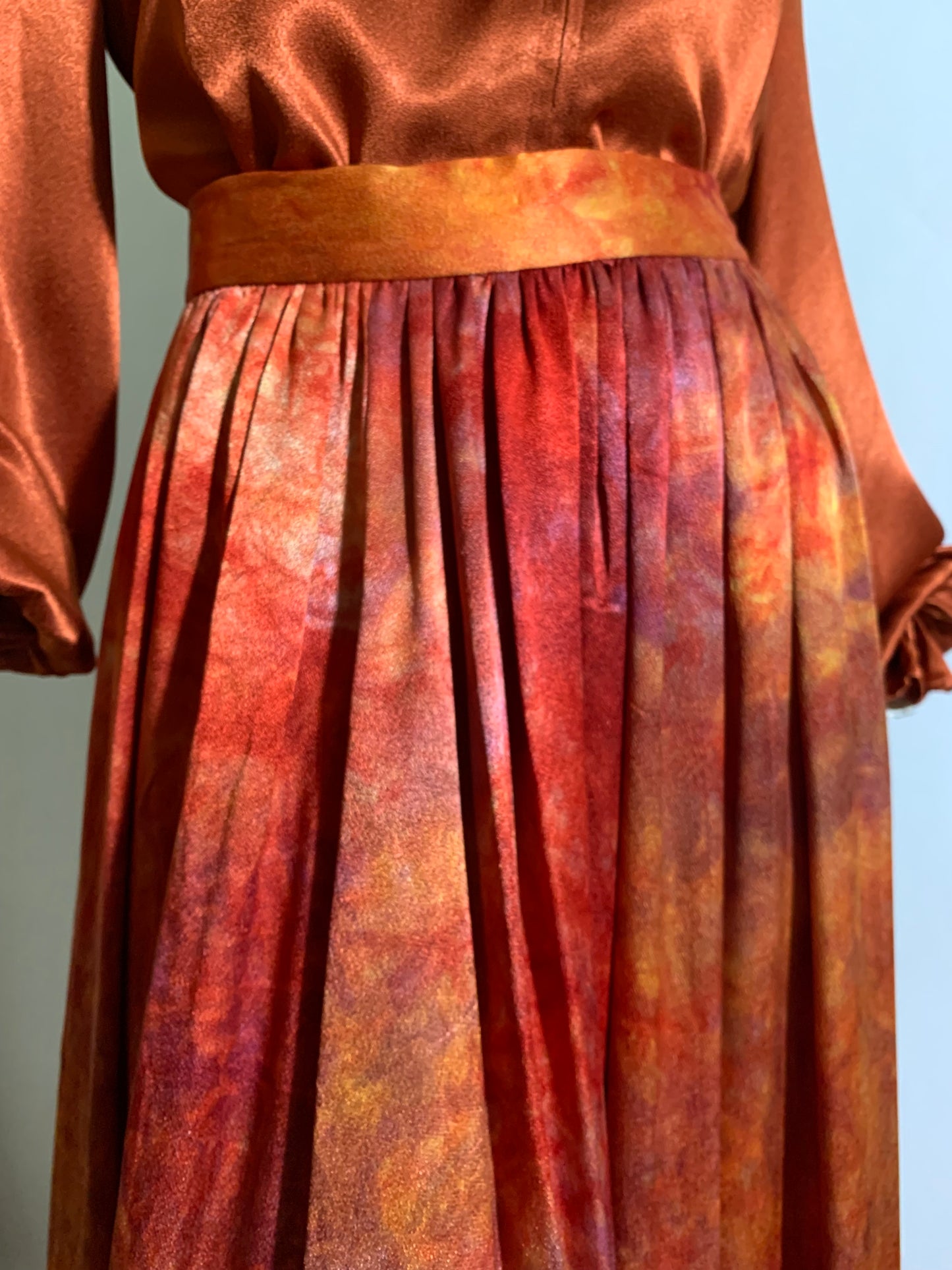 Fiery Tie Dye Peasant Style Silk Charmeuse 3 Piece Maxi Dress Set circa 1970s