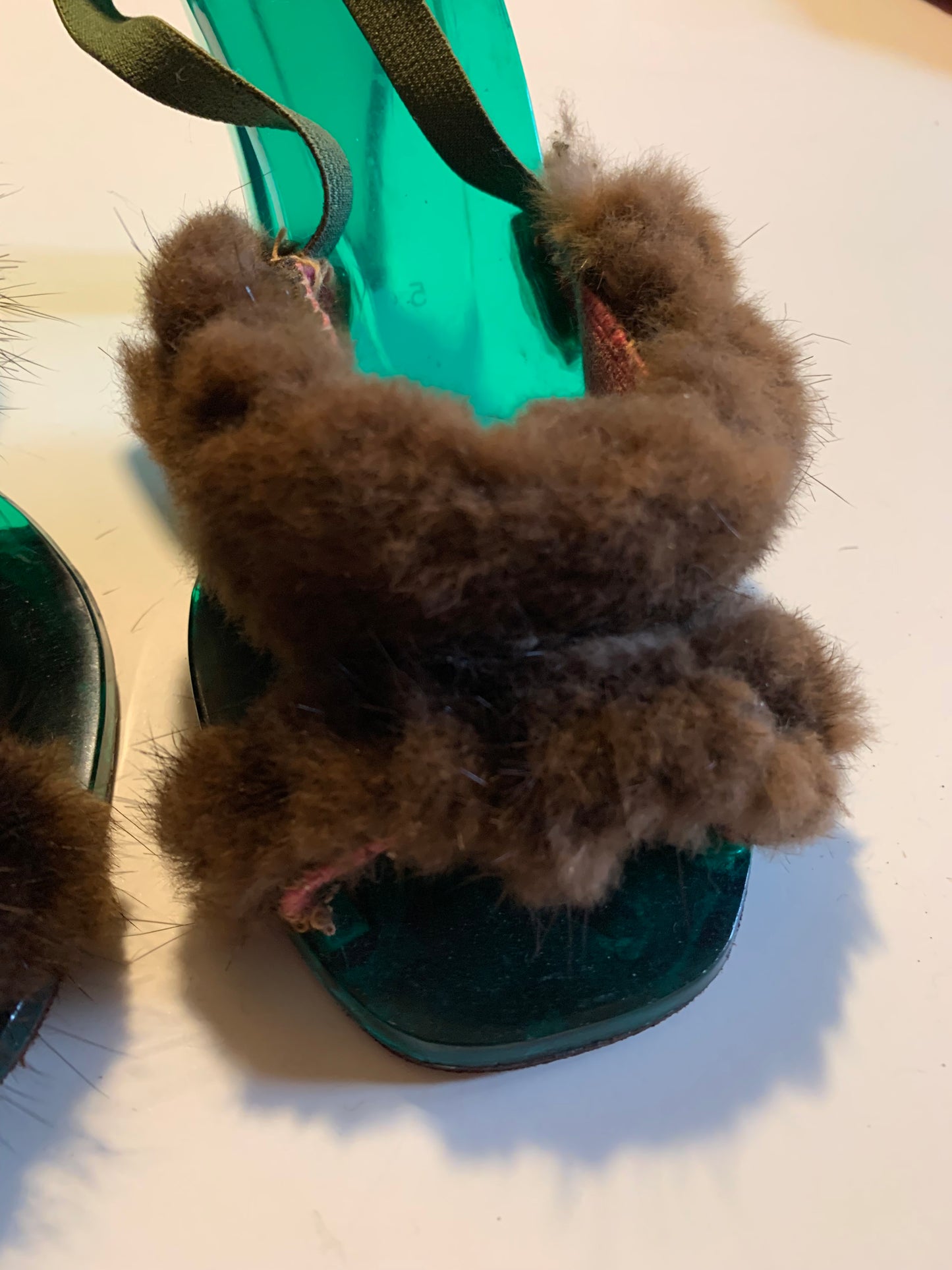 Iconic Green Lucite and Mink High Heel Shoes circa 1950s 6.5