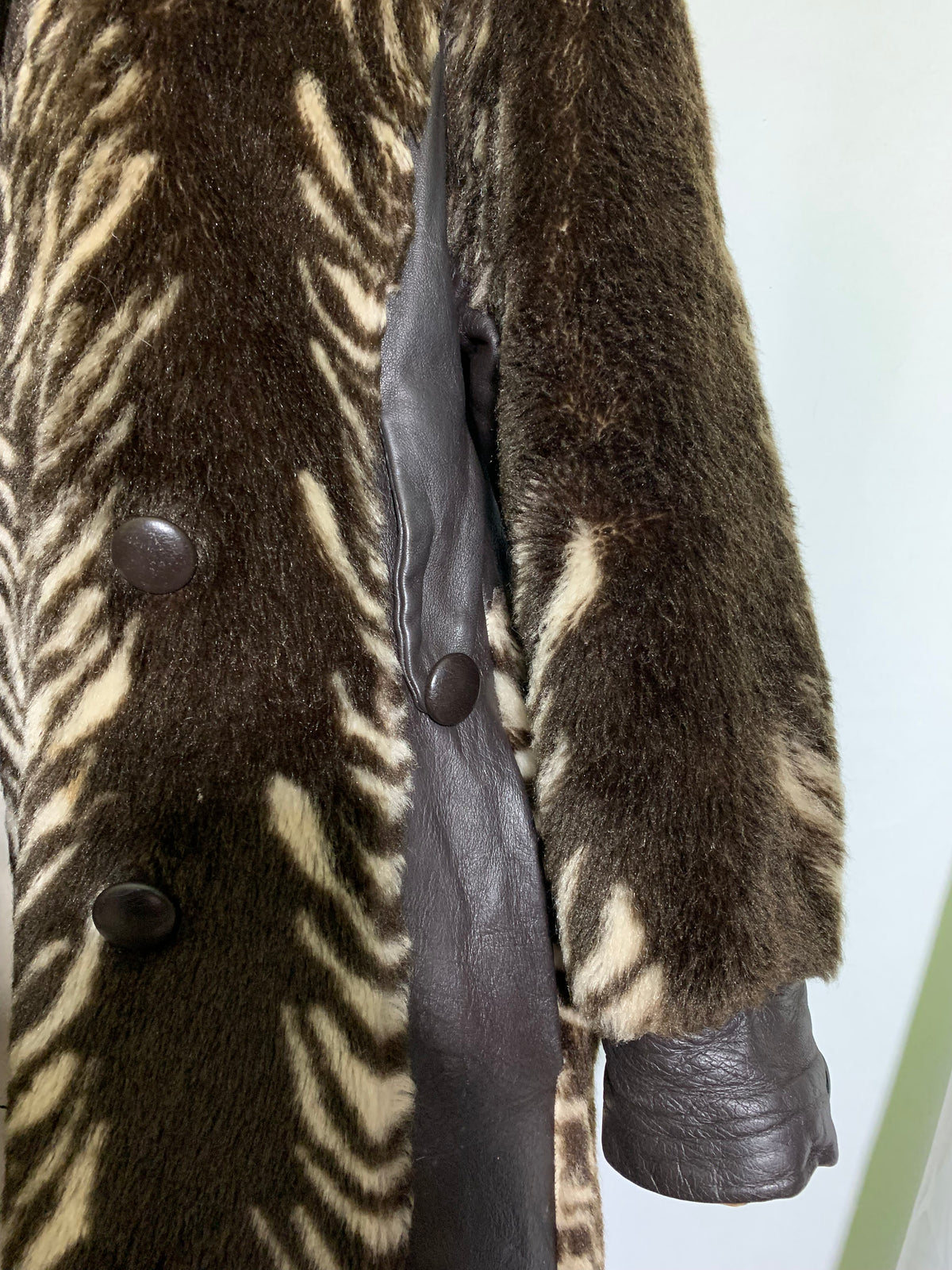 Funky Deep Brown Zebra Stripe Faux Fur Coat Pleather Accents circa 1970s