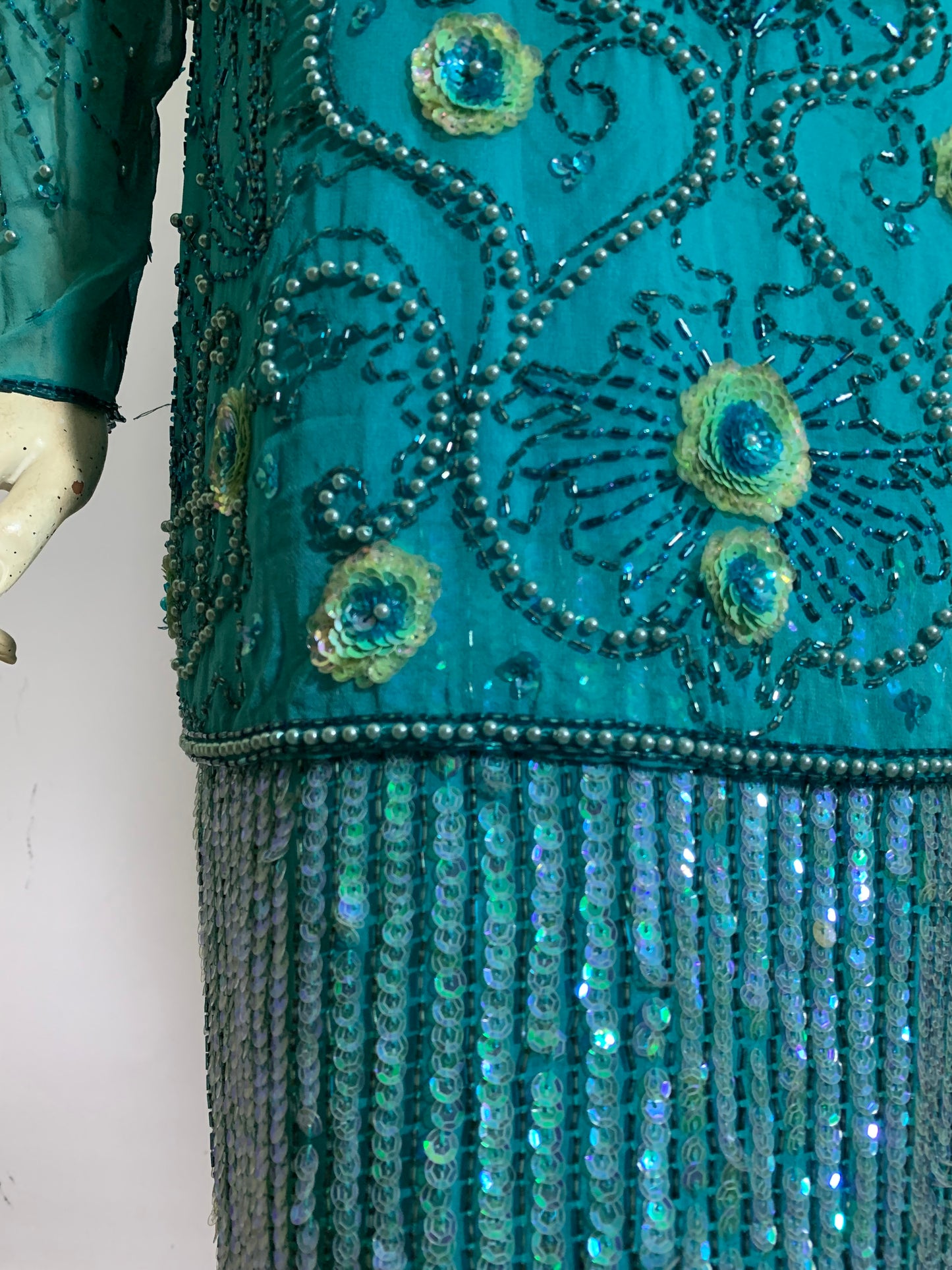 Turquoise Silk 1920s Inspired Sequined and Beaded Dress circa 1980s