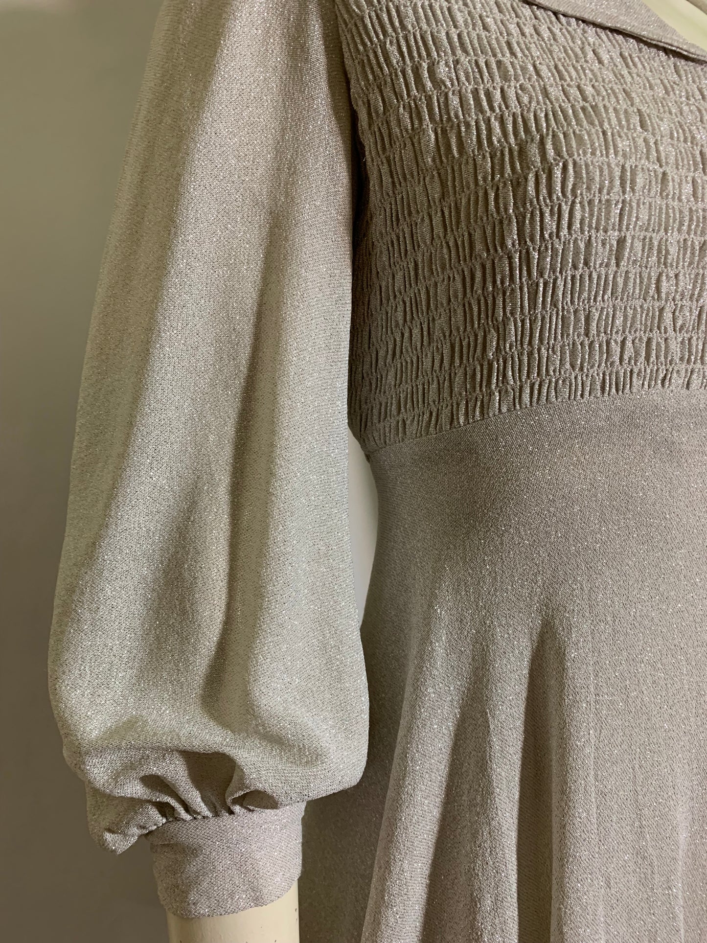 Silver Lurex Smocked Bodice Baby Doll Mini Dress circa 1970s