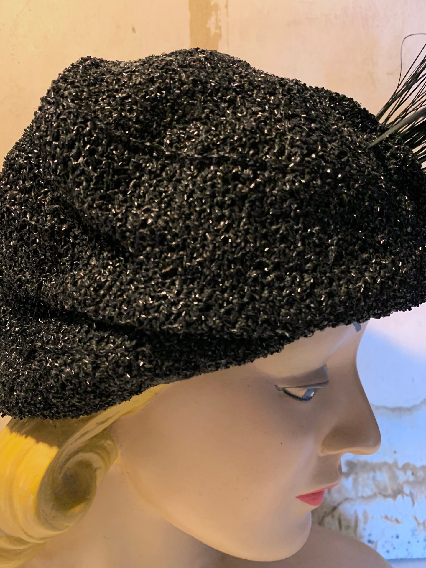 Black Bird Reimagined Metallic Turban Style Hat with Antique Feather and Sequin Accent