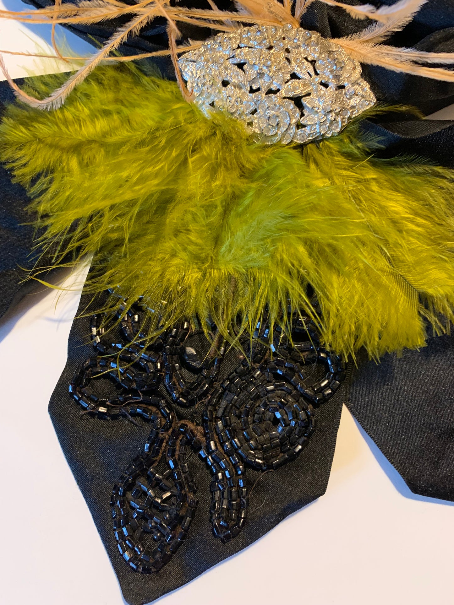 La Fée Verte Victorian Silk Neckpiece with Jet Beading Rhinestones and Feathers