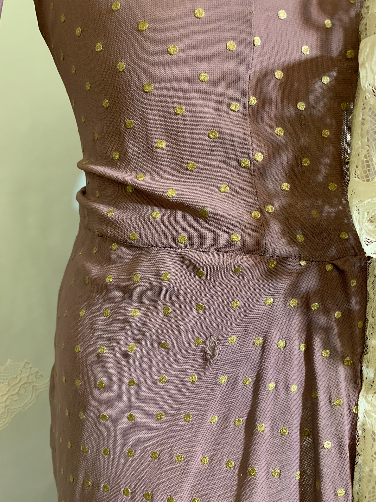 Antiqued Violet Rayon Robe with Metallic Gold Polka Dots and Lace circa 1940s