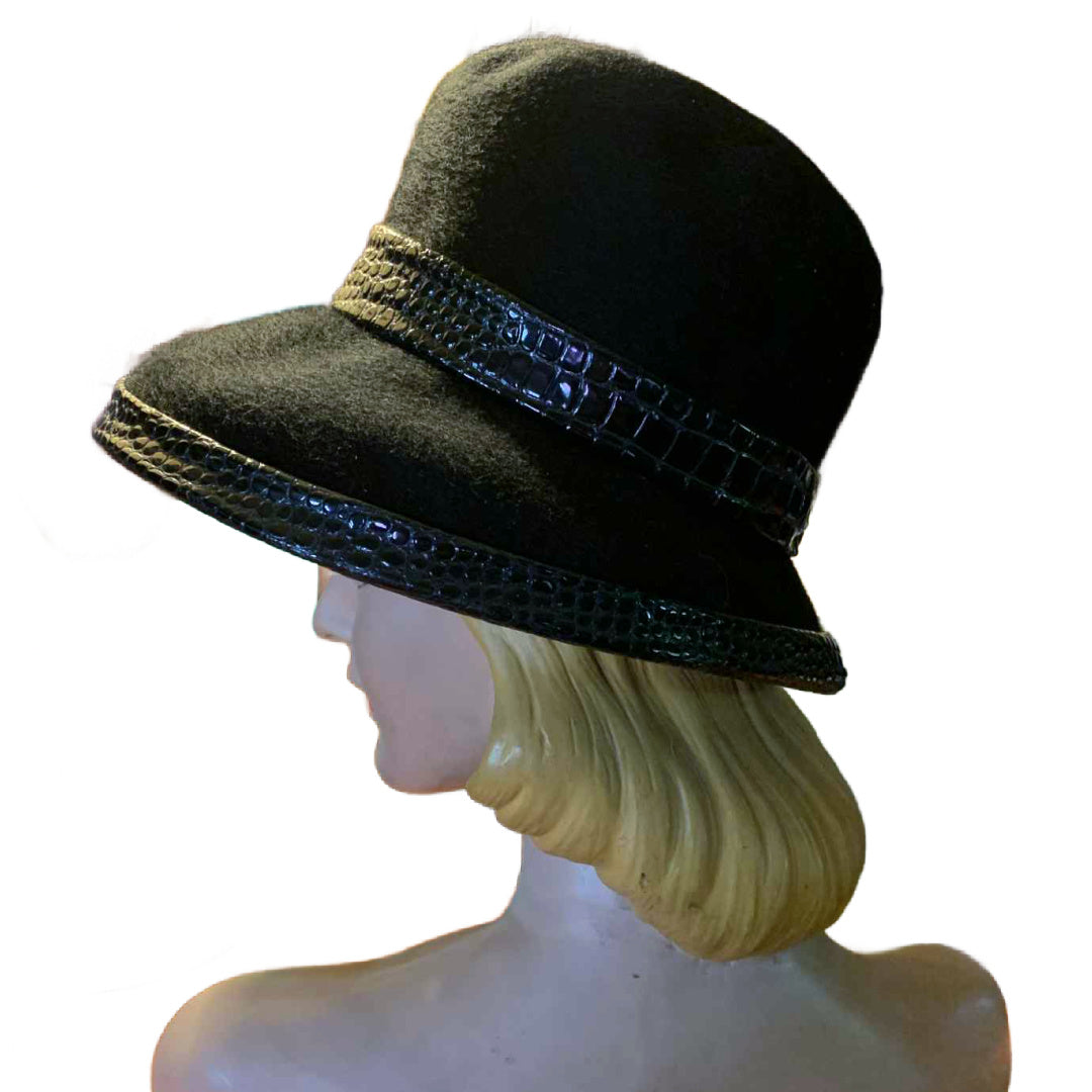 Classic Black Felted Wool Curved Brim Dome Hat with Faux Alligator Trim circa 1960s