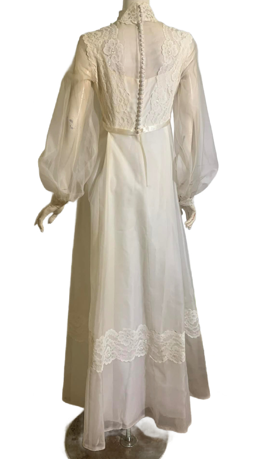 Regency Inspired Empire Waist Lace Trimmed Wedding Dress & Long Veil circa 1960s Regency Inspired Empire Waist Lace Trimmed Wedding Dress & Long Veil circa 1960s