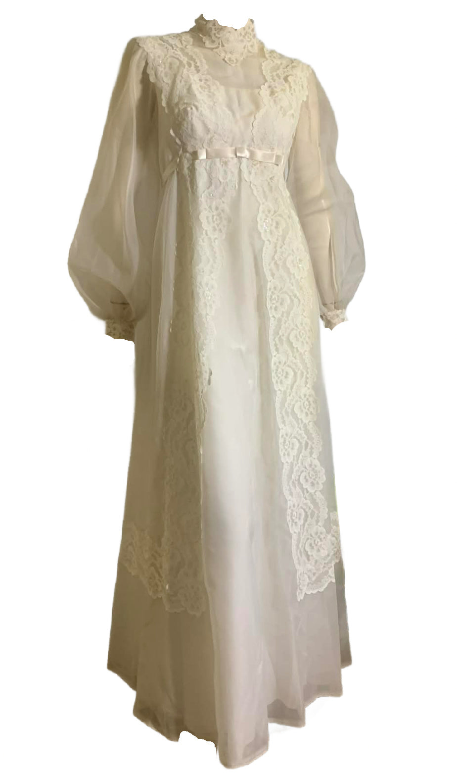 Regency Inspired Empire Waist Lace Trimmed Wedding Dress & Long Veil circa 1960s