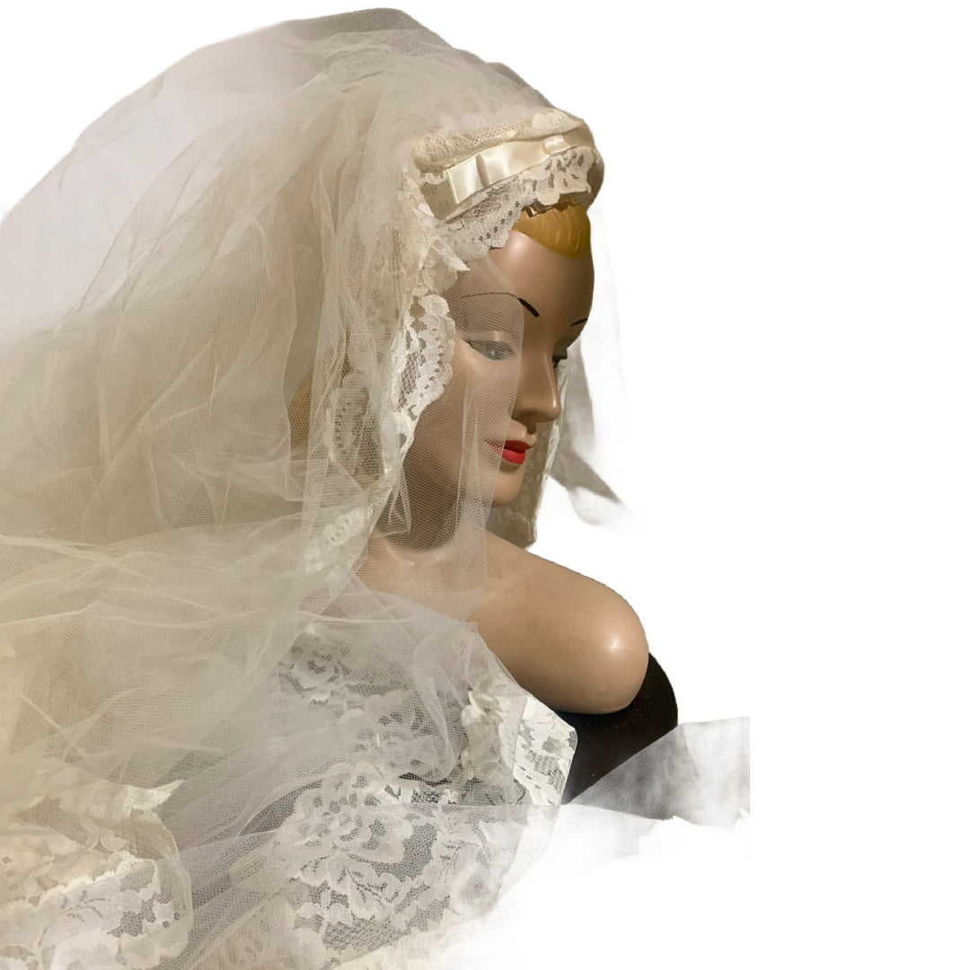 Regency Inspired Empire Waist Lace Trimmed Wedding Dress & Long Veil circa 1960s