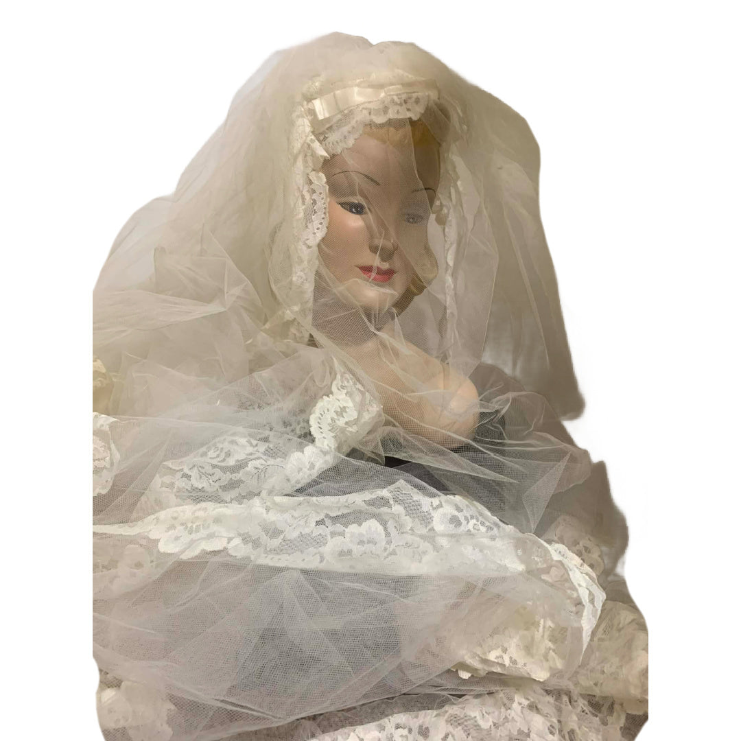 Regency Inspired Empire Waist Lace Trimmed Wedding Dress & Long Veil circa 1960s Regency Inspired Empire Waist Lace Trimmed Wedding Dress & Long Veil circa 1960s