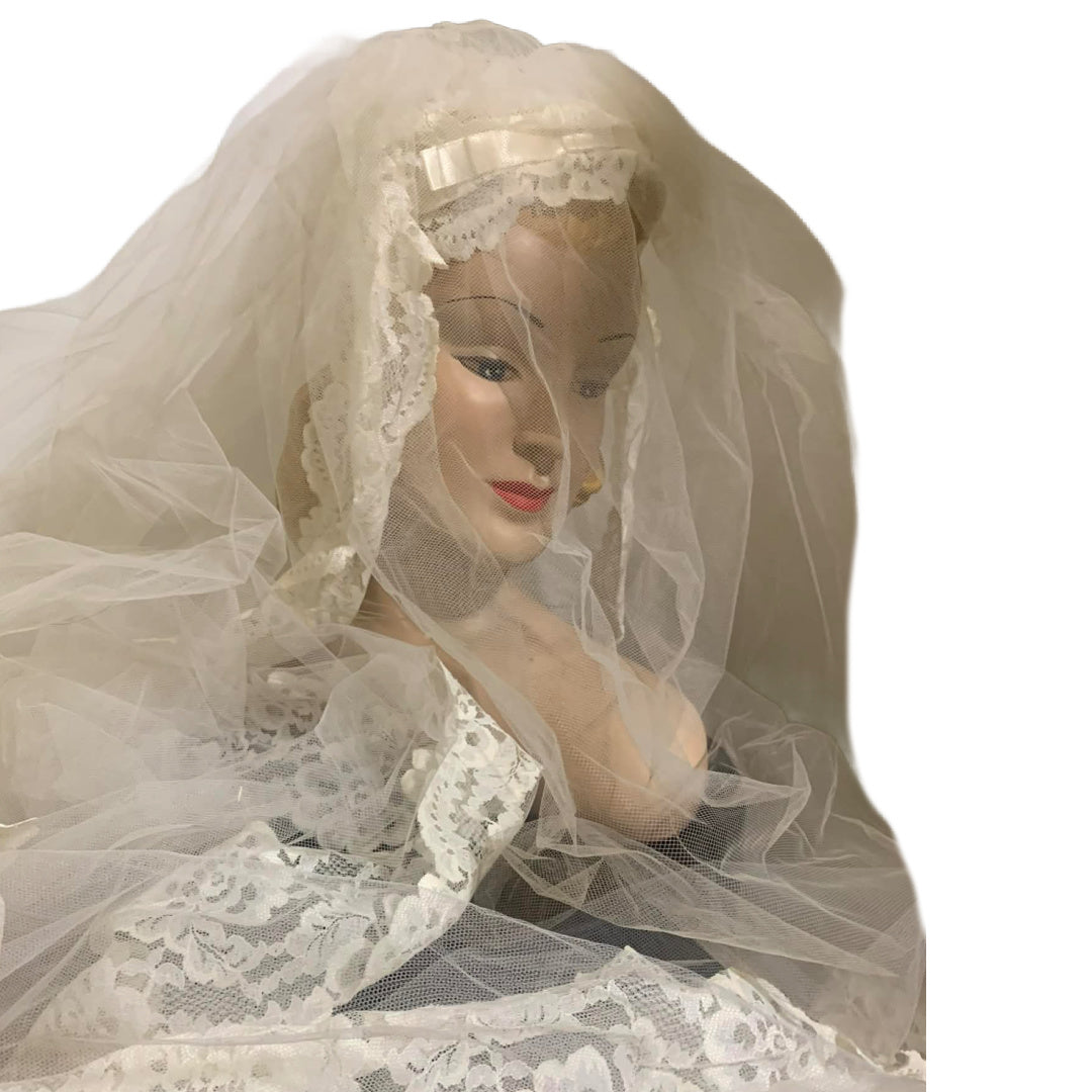 Regency Inspired Empire Waist Lace Trimmed Wedding Dress & Long Veil circa 1960s